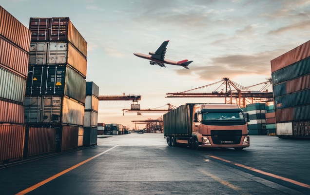 Cargo truck at port, airplane overhead, sunset