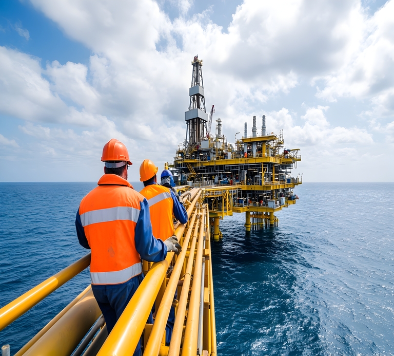 Offshore Oil Platform Bustling with Activity as Skilled Technicians and Engineers Inspect and Repair Critical Equipment Amidst the Vast Ocean and Cloudy Sky